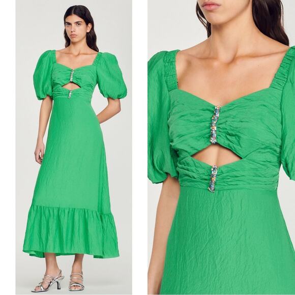 Sandro Crystal Embellished Puff Sleeve Green Midi Dress Size 4 - Picture 1 of 10
